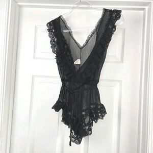 Vtg Teddy Black Mesh And Lace Size XL Lingerie Made In USA Ruffle Low V Neck